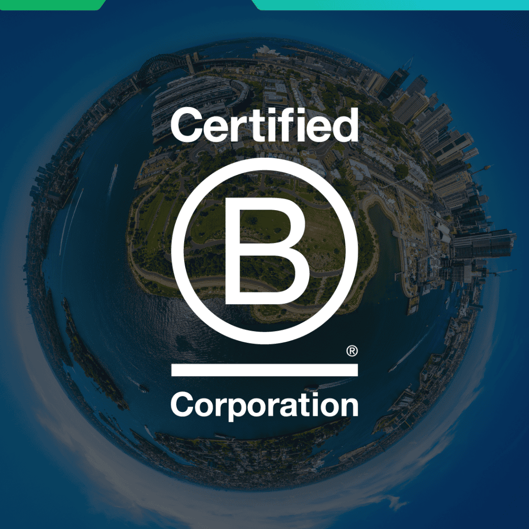 A rounded view of Florida in the background overlayed with the B Corp certified logo.
