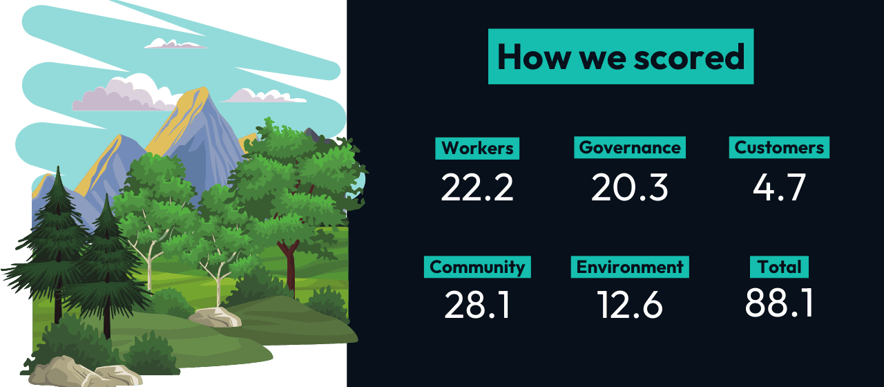 a graphic of trees and mountains next to text saying "how we scored in the B Impact Assessment: workers 22.2, governance 20.3, customers 4.7, community 28.1, environment 12.6, total 88.1"